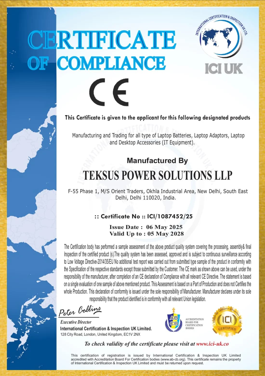 CE certificate of compliance issued to Teksus Power Solutions LLP by International Certification and Inspection UK