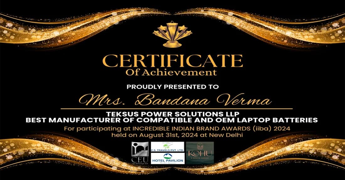 Certificate of Achievement presented to Teksus Power Solutions LLP at the Incredible Indian Brand Awards 2024 for Best Manufacturer of Compatible and OEM Laptop Batteries