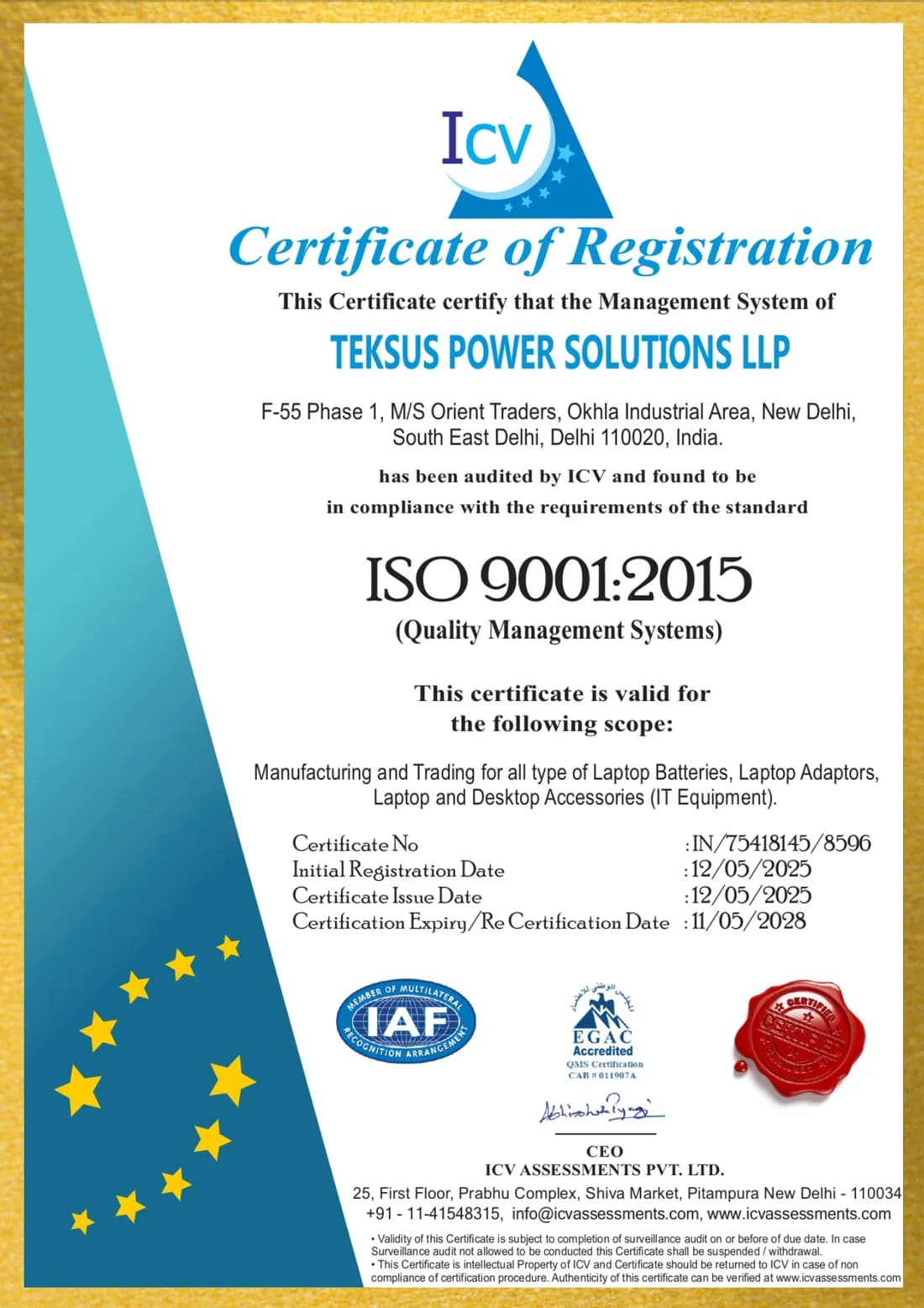 ISO 9001:2015 certificate of registration issued to Teksus Power Solutions LLP by ICV Assessments