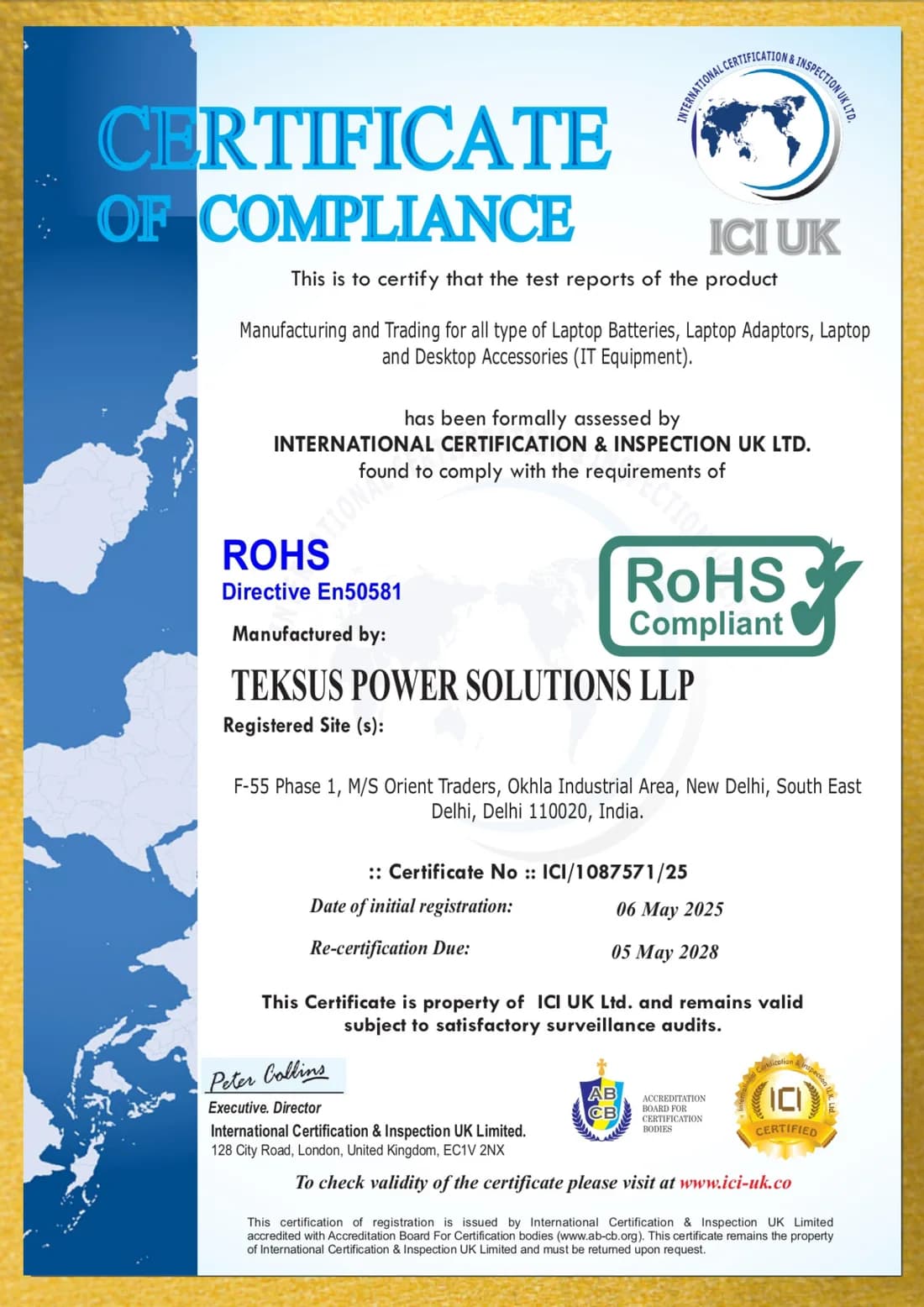 RoHS certificate of compliance issued to Teksus Power Solutions LLP by International Certification and Inspection UK