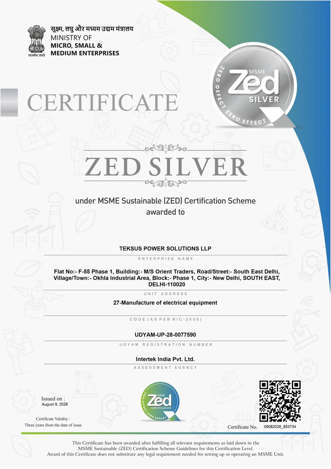 MSME ZED Silver certificate awarded to Teksus Power Solutions LLP by the Ministry of Micro, Small and Medium Enterprises